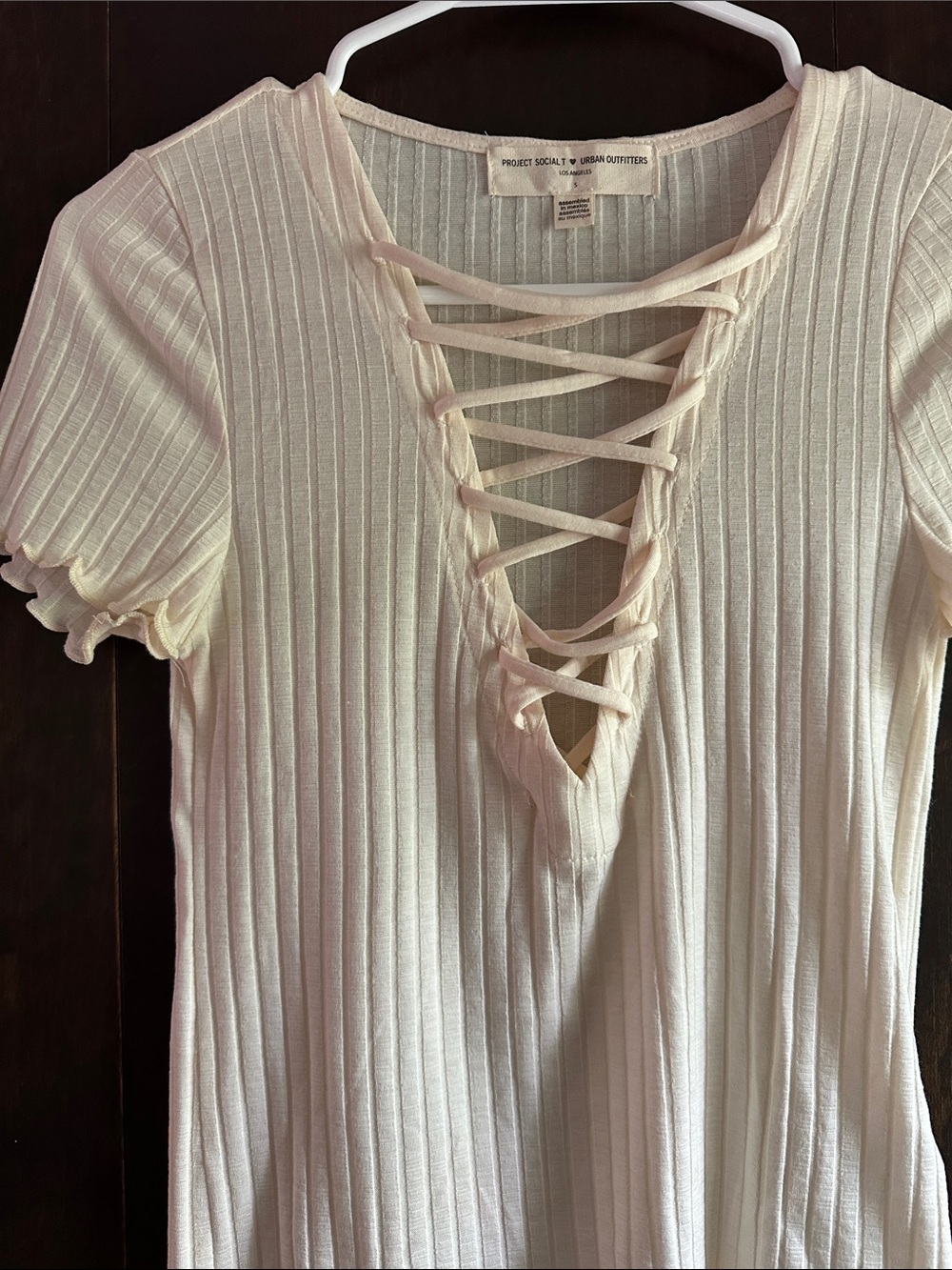 Project Social T Lace-Up Ribbed Short Sleeve Top - Ivory - Picture 5 of 7